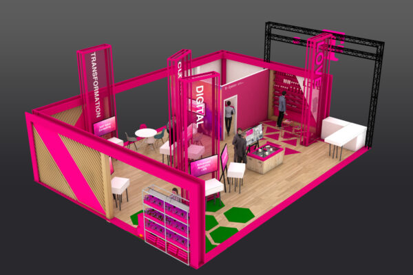 Side view of the Telekom exhibition stand at the ASUG conference in Orlando Rendering