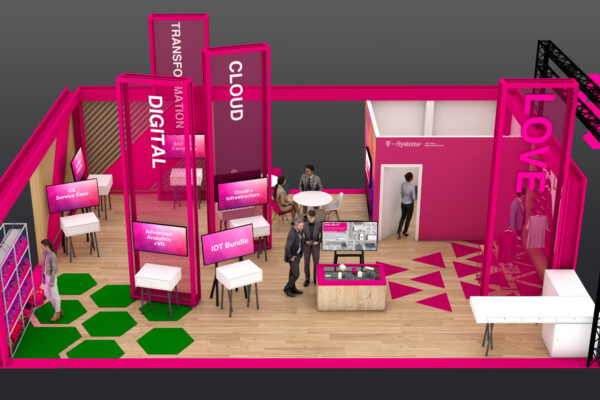 Front view of the Telekom exhibition stand at the ASUG conference in Orlando Rendering