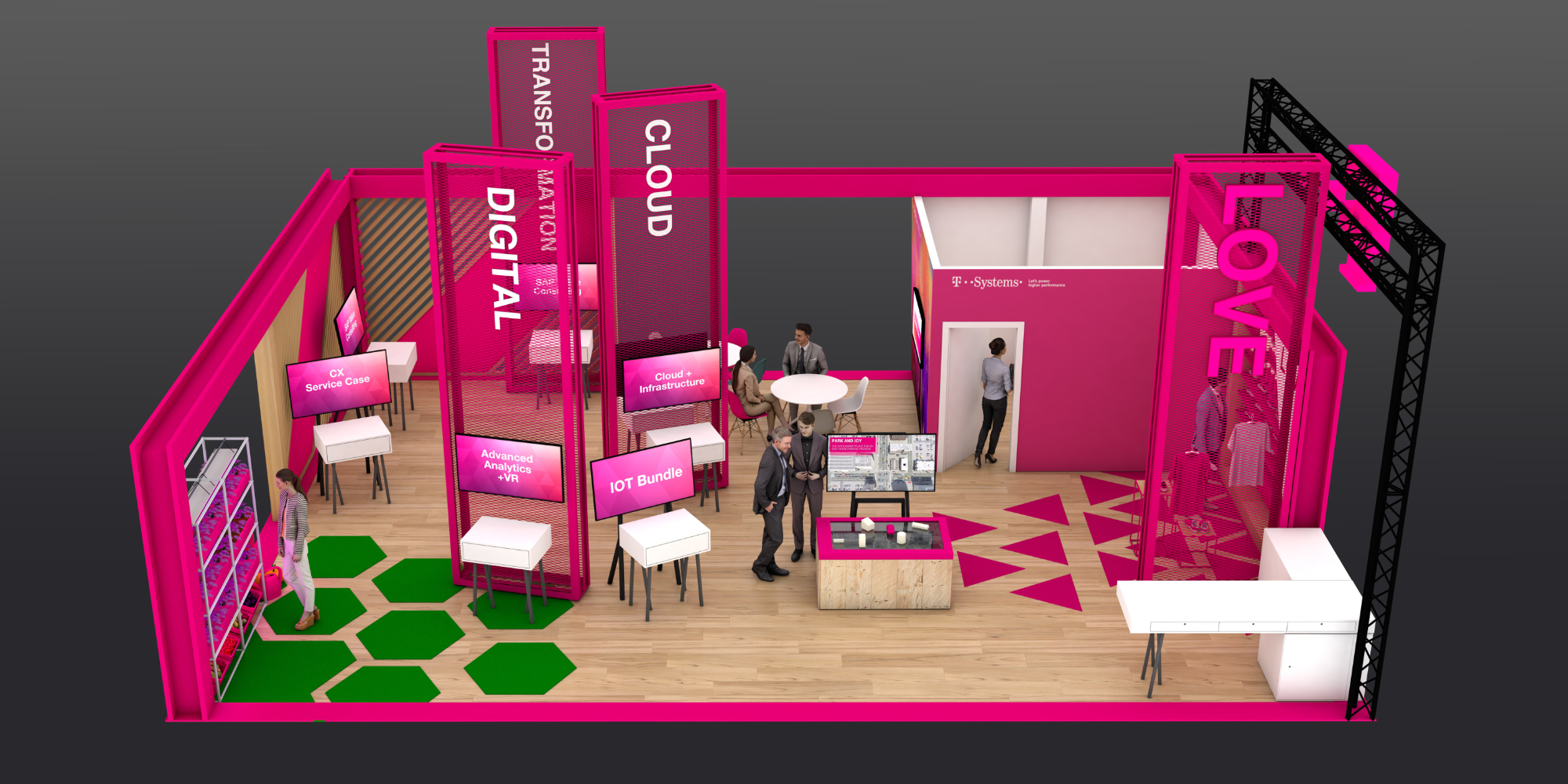 Front view of the Telekom exhibition stand at the ASUG conference in Orlando Rendering